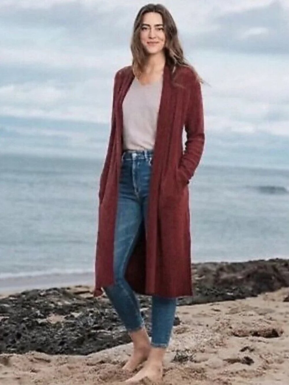 Barefoot Dreams CozyChic Lite Catalina Long Cardigan Sweater Garnet Red Small